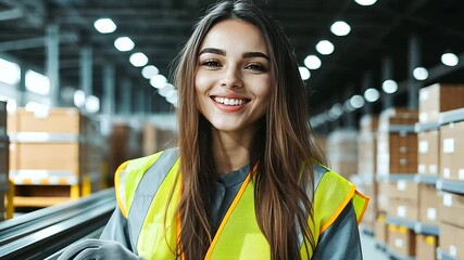 A cheerful female warehouse worker in a reflective vest and gloves, standing by a conveyor belt, symbolizing professionalism and enthusiasm in logistics.