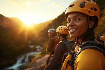 Three adventure seekers wearing helmets stand on a mountainside, enjoying an exhilarating moment together as they gaze at the breathtaking view during sunset.