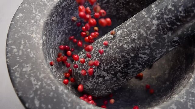 Close-up of spicy rose peppercorns falling into the grey stone mortar in slow motion. High quality 4k footage