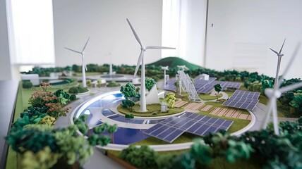 Obraz premium a miniature architectural model featuring wind turbines and greenery, representing eco-friendly urban planning and clean energy solutions