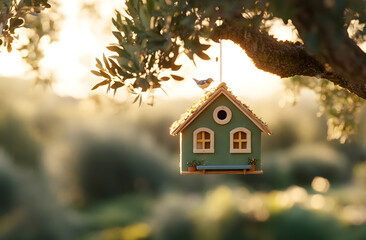 Birdhouse Hanging on a Tree Branch - Charming Nature Scene Providing Shelter for Birds