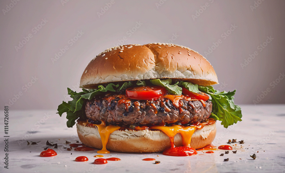 Poster hamburger with lettuce and tomato on it. the bun is brown and the meat is red. there is ketchup on t