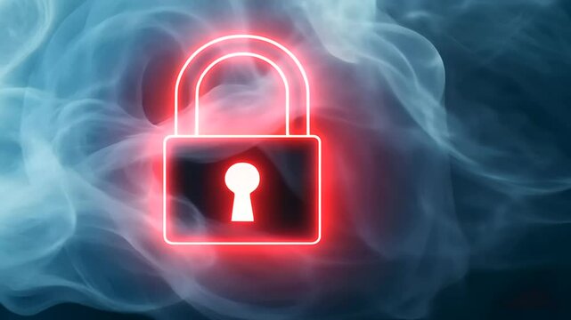 A luminous red padlock icon radiating light through a smoky mist, representing advanced online safety and digital fortification.