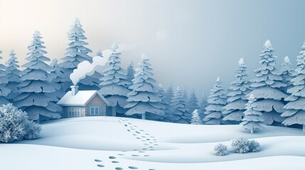 Fototapeta premium Snowy cabin nestled in a peaceful tranquil winter landscape with a path leading through the snow covered trees A serene and cozy rural scene with a sense of isolation and solitude