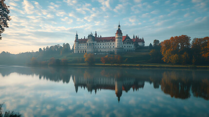 Obraz premium Majestic castle river water, shimmering reflection architecture historic, grand landmark old tower, timeless medieval landscape europe, enchanting historical heritage.
