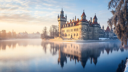 Fototapeta premium Majestic castle river water, shimmering reflection architecture historic, grand landmark old tower, timeless medieval landscape europe, enchanting historical heritage.