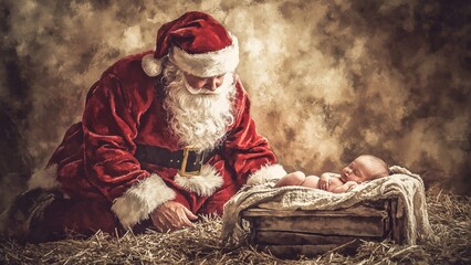 vintage watercolors painting of a Santa Claus and a baby in a manger. Santa is kneeling down looking at the baby. who symbolizes Jesus lying in a simple wooden manger with a blanket