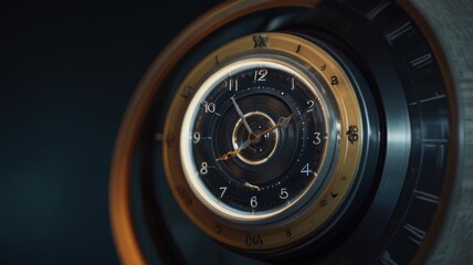 Close-up of a futuristic, circular clock with glowing hands and numbers.