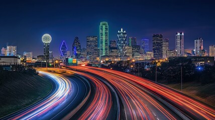 Obraz premium Highway interchange showing traffic flowing at night motion of cars through light trails urban feel of the infrastructure the image has a futuristic, dynamic atmosphere, bustling city