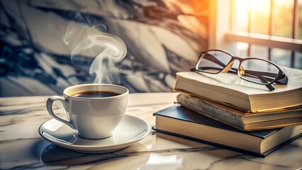 Steaming Coffee Cup on Marble Countertop with Books and Glasses