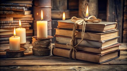 Vintage Books Tied with Ribbon Surrounded by Candles and Paper