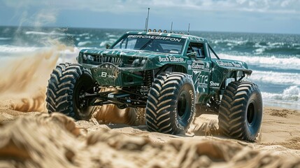 Fototapeta premium Monster truck driving on sandy beach near ocean.