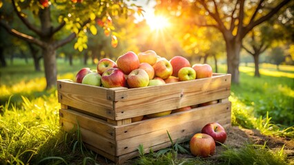 Rustic Wooden Crate Filled with Fresh Apples on a Sunlit Farm
