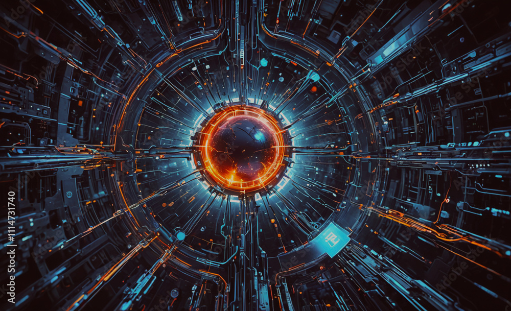 Poster computer generated image of a glowing orb. the orb is surrounded by a blue background. the orb is or