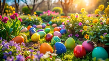 Easter Egg Hunt in a Vibrant Garden with Hidden Eggs