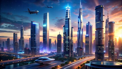 Futuristic City Skyline at Night with Glowing Skyscrapers and Flying Cars