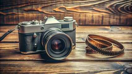 Vintage Camera with Film Roll on Wooden Surface