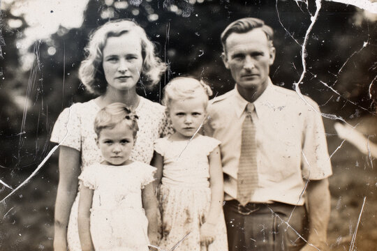 Retro portrait of family with two kids from family album archive. Black and white vintage photo, old scratched surface, folded, and torn at the edges