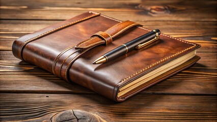 Leather-Bound Journal and Pen on Wooden Desk