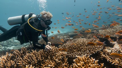 Scuba diving man immersed a coral reef habitat surrounded by beautiful fishes and colorful fish focusing on underwater exploration and vibrant corals in a rich marine biodiversity
