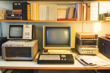 Vintage computing lab with restored classic computers and original programming manuals, retro and precise,