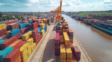 Aerial view of a busy cargo port with numerous shipping containers stacked along the docks and a large crane.