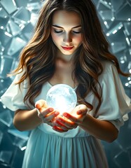 Naklejka premium a woman holding the globe in her hands..