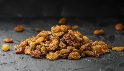 Obraz premium Heap of dried raisins on dark backdrop. Dried grapes, sweet and chewy. Organic snack. Tasty food.