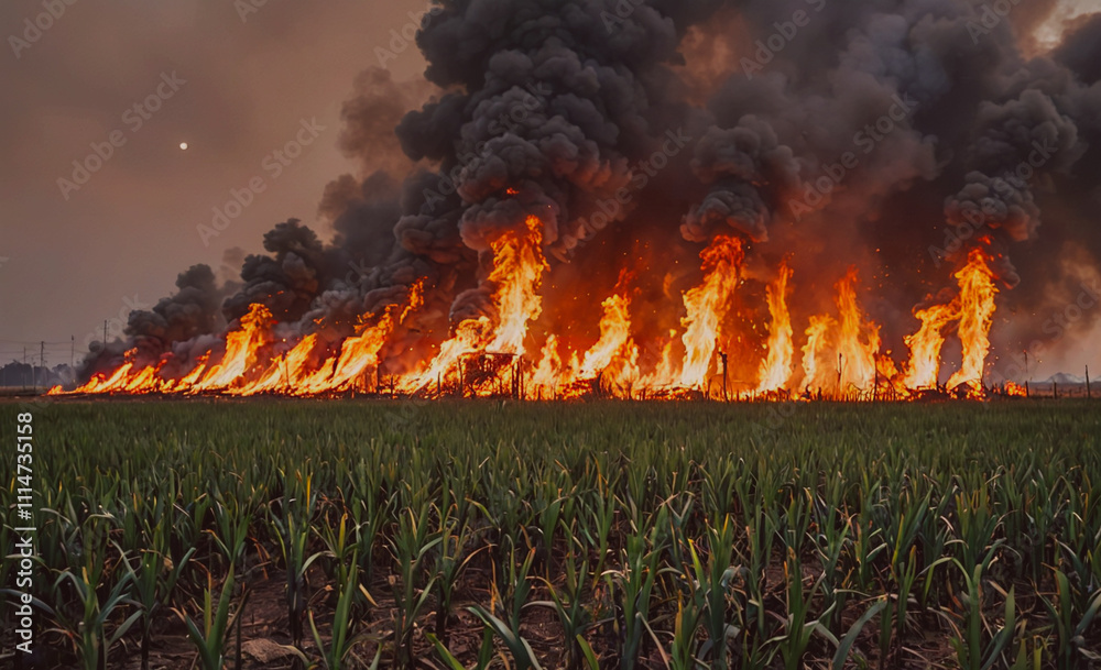 Poster field of green grass is on fire. the fire is very large and is in the middle of the field