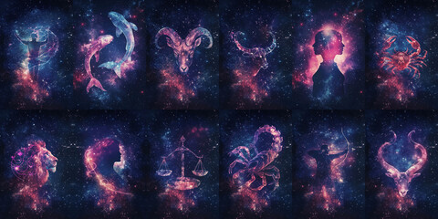 12 zodiac signs: pink, violet & blue art over night sky; twelve zodiacs: Aquarius, Pisces, Aries, Taurus, Gemini, Cancer, Leo, Virgo, Libra, Scorpio, Sagittarius, Capricor; 2025 horoscope background
