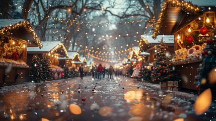 Obraz premium Festive Christmas market at night, snow falling, people strolling through illuminated wooden stalls and decorated trees.
