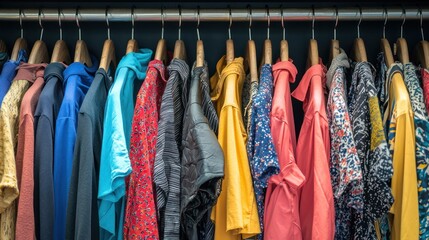 Fototapeta premium Pre-owned clothes displayed for resale or donation in a charity shop