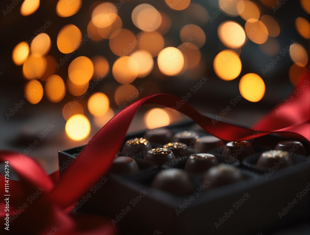 Poster assorted chocolates with red ribbon for valentine's day
