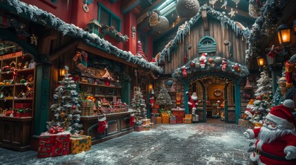 Obraz premium Festive Christmas market scene with Santa, gifts, and snow-covered stalls.