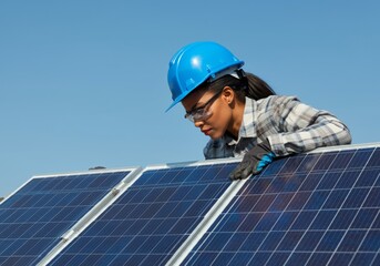 A solar power engineer installing solar panels on a roof, working as an electrical technician in the field of renewable energy.

