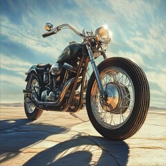 Naklejka premium Chrome motorcycle desert landscape sunlit.