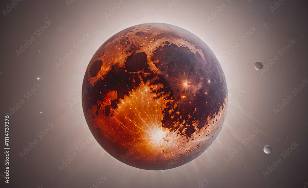 Poster red planet with a white moon. the planet is surrounded by stars. the planet is the center of the ima