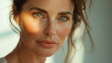 Fototapeta premium Serene close-up portrait of a woman with luminous green eyes.