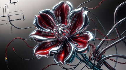 Obraz premium cybernetic metallic flower surrounded by wires and gradients for cutting edge creative visuals
