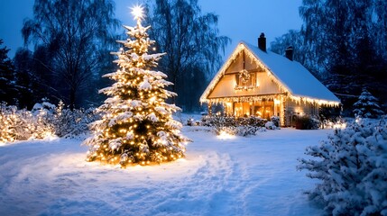 Snow-Covered Cabin with Illuminated Christmas Tree in a Snowy Forest at Night
