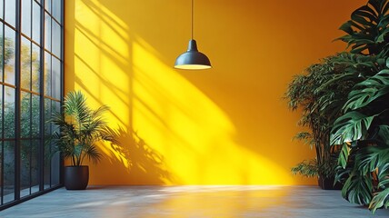 Modern yellow interior with plants and sunlight creating a warm ambience