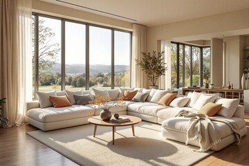 Fototapeta premium Modern Living Room with Expansive Windows Overlooking Scenic Nature Landscape