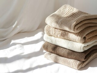 Stack beige, taupe, and white knitted sweaters with autumn light shadows on a white background