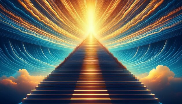 An infinite staircase of light leading through abstract, shifting landscapes.