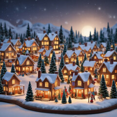 Fototapeta premium A whimsical miniature Christmas village featuring snow-covered houses, glowing windows, and a decorated Christmas tree beneath a starry night sky. Great for holiday marketing and nostalgic designs.