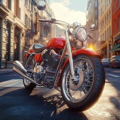 Fototapeta premium Red motorcycle parked city street sunset.