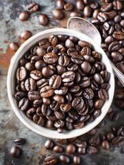 Fototapeta premium A bowl of coffee beans with a spoon on top