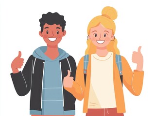 Two friends promoting a sale, showing thumbs up in casual clothes