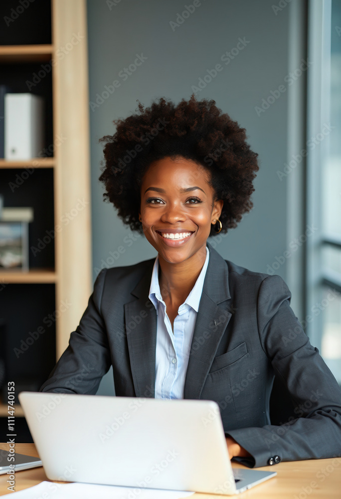 Poster a woman sits at a desk with an open laptop in front of her in a professional setting