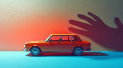 Fototapeta premium Retro red toy car casting shadow on colorful surface